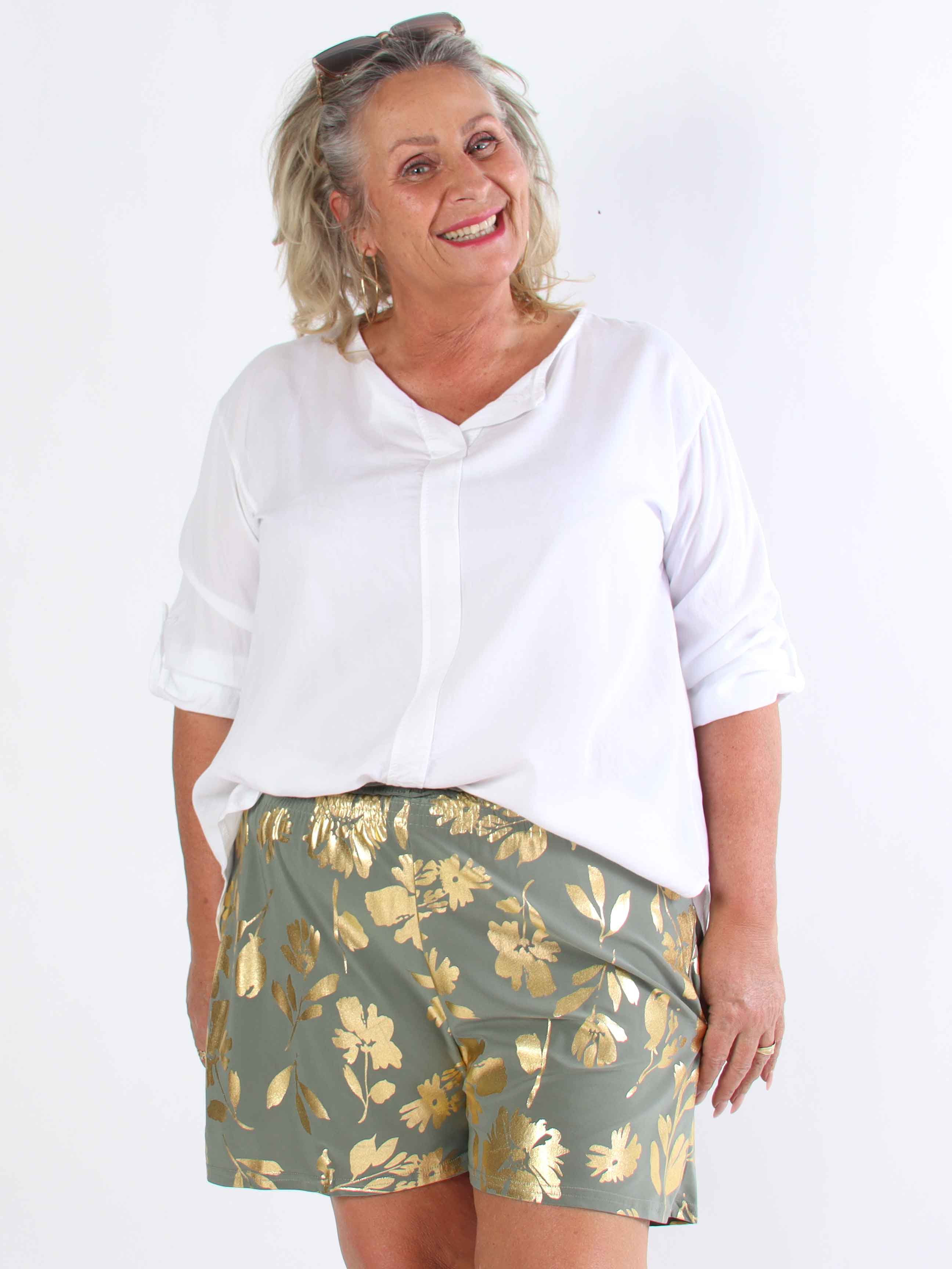 Pams Gold Flower Shorts - Elastiske plus size shorts med guld blade